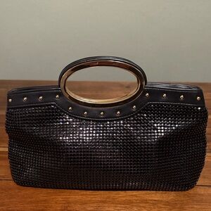 Whiting & Davis Black Metallic Mesh Clutch with Gold Oval Handle